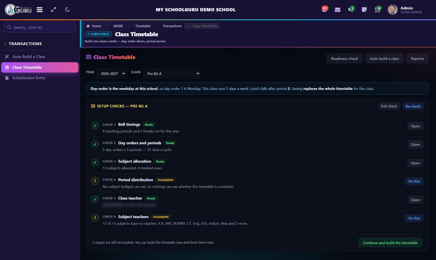 Smart timetable: auto-build with checks, substitution in one click