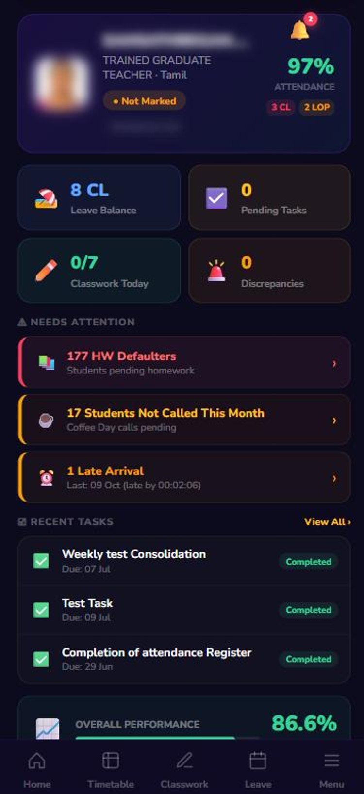 Teacher app dashboard